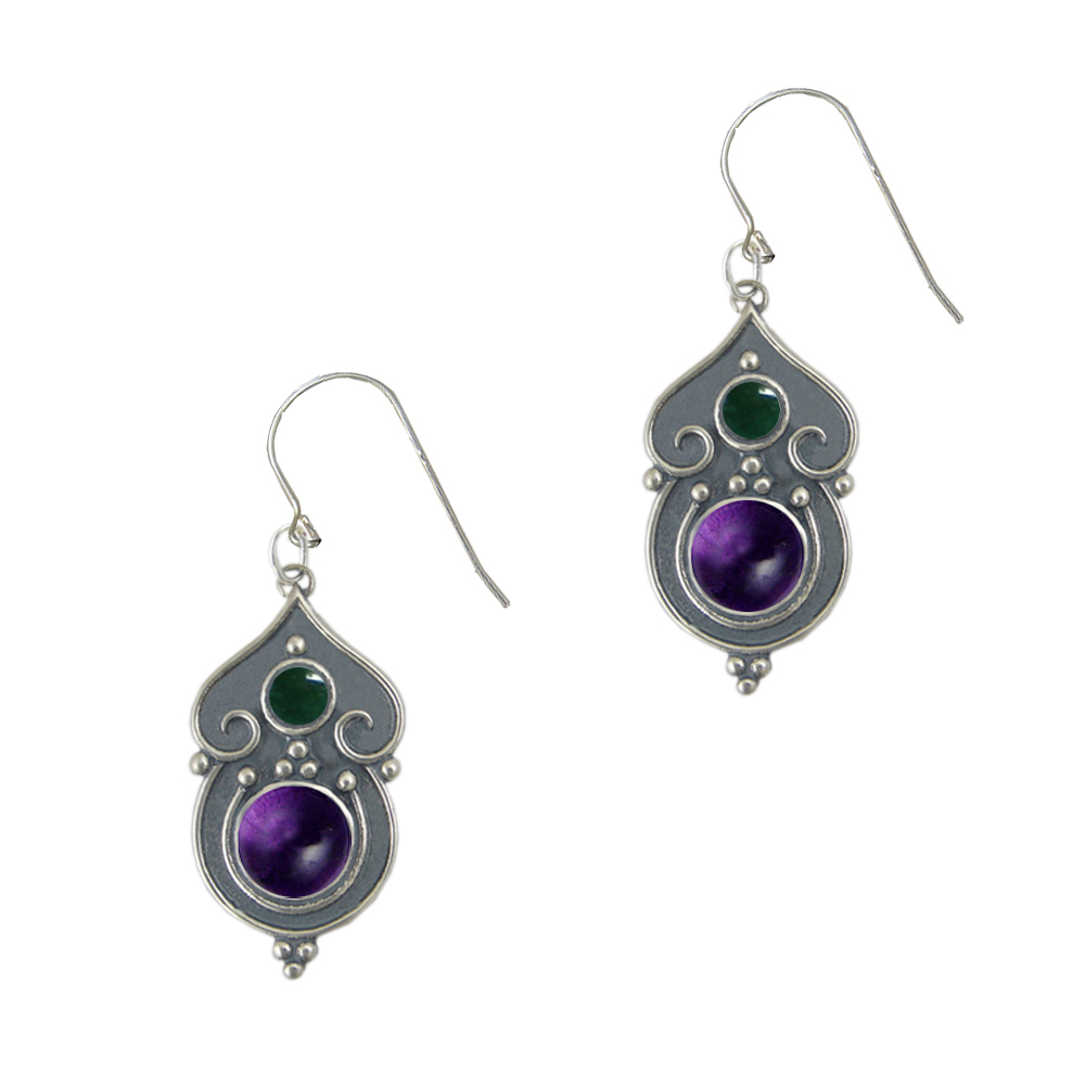 Sterling Silver Gothic Inspired Drop Dangle Earrings With Amethyst And Fluorite